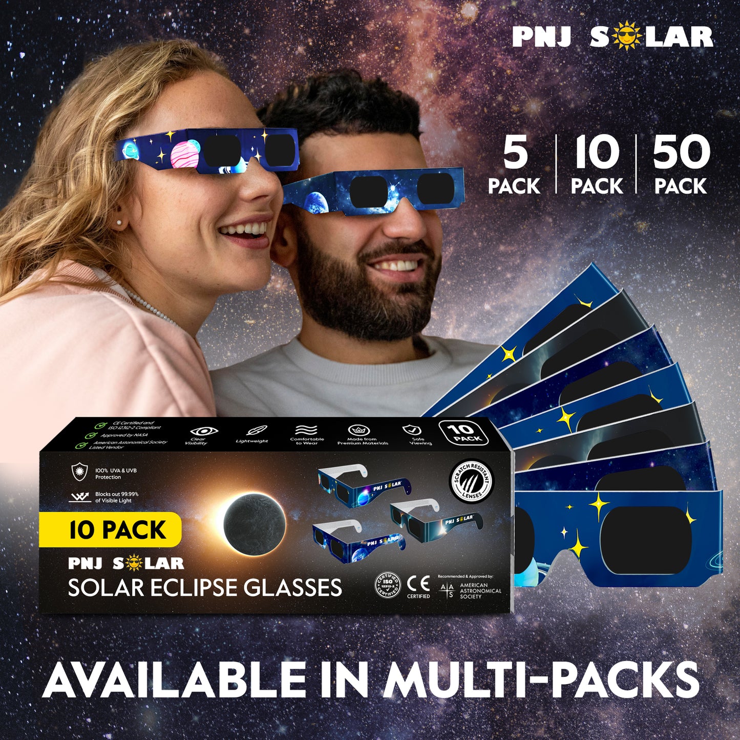 10 Pairs - Solar Eclipse Glasses - ISO Certified - AAS Approved - Family Pack  - Mixed Patterns