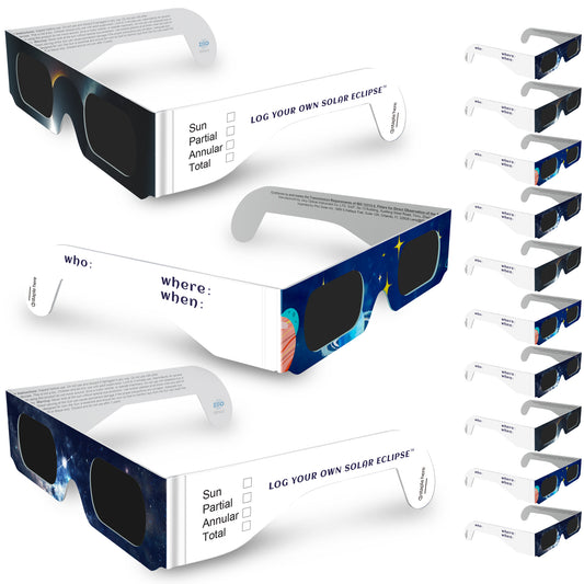 100 Pack - Log Your Own Solar Eclipse Glasses - Patented - ISO Certified - AAS Approved - Family Pack - Mixed