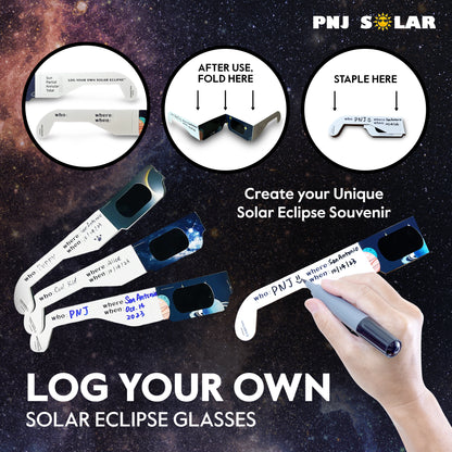 100 Pack - Log Your Own Solar Eclipse Glasses - Patented - ISO Certified - AAS Approved - Family Pack - Mixed