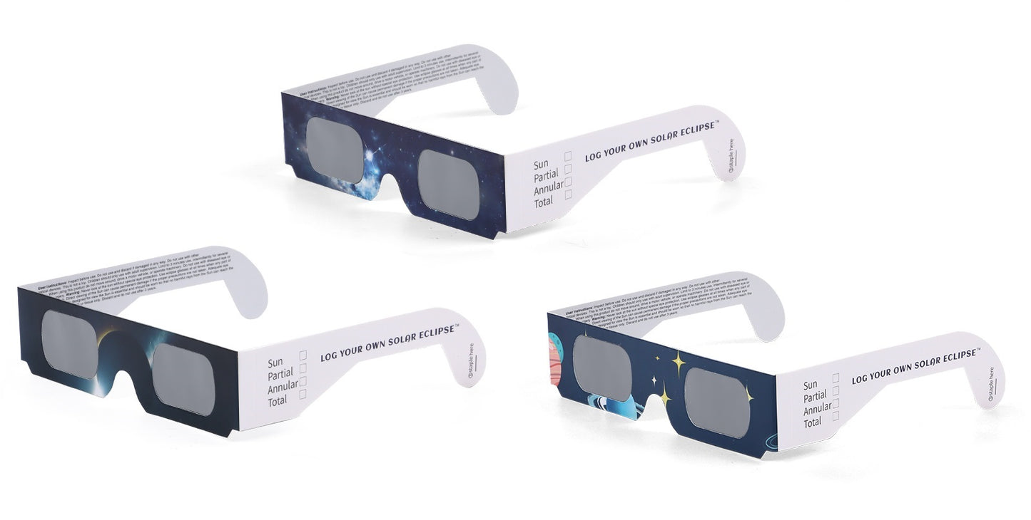 10 Pack - Log Your Own Solar Eclipse Glasses - Patented - ISO Certified - Family Pack- Mixed
